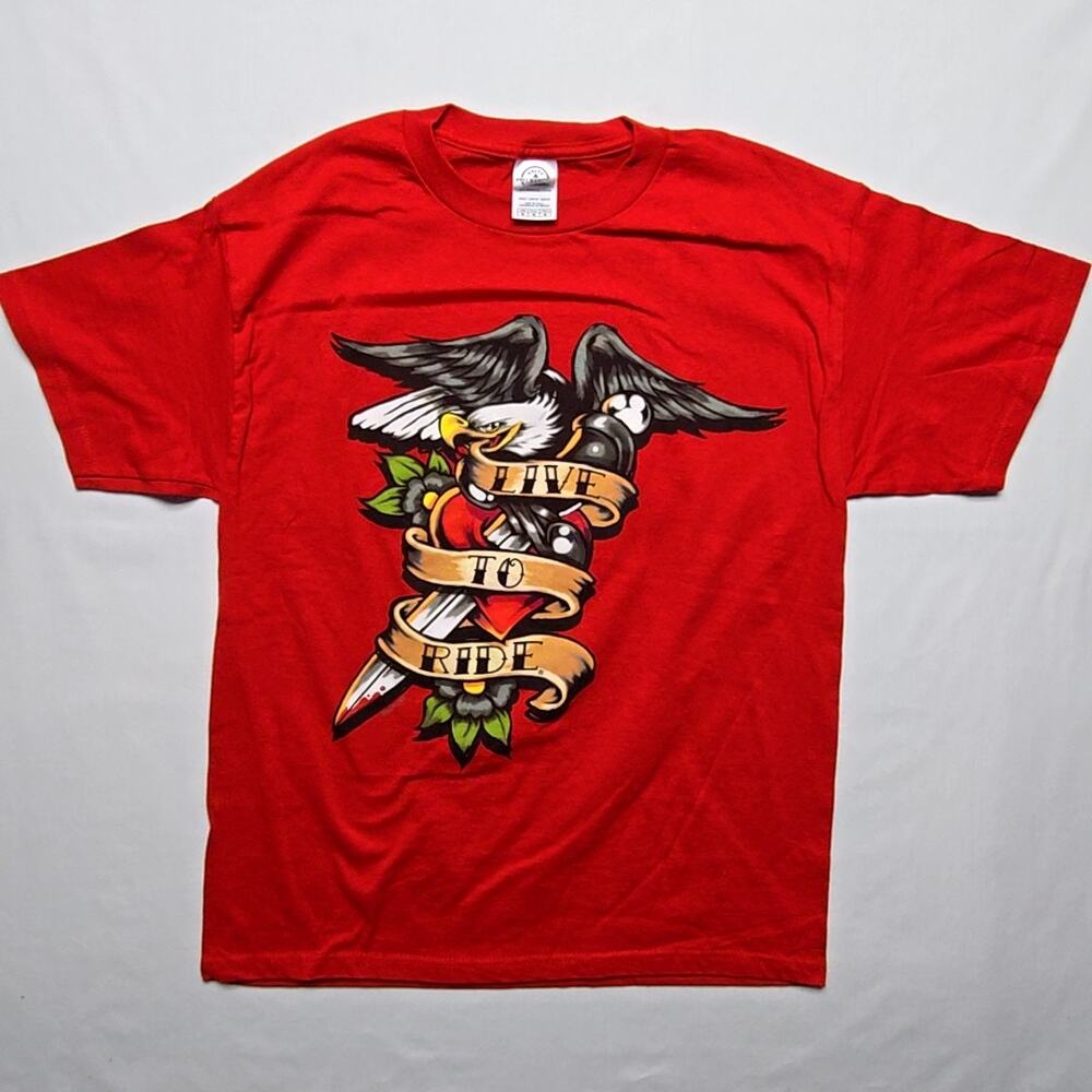 Live to Ride Eagle Motorcycle Shirt Red Americana Graphic Mens Medium Biker Tee